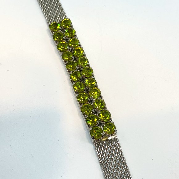 Green Rhinestones and Silver tone Mesh Bracelet Stretch Magnet Closure - Picture 6 of 9